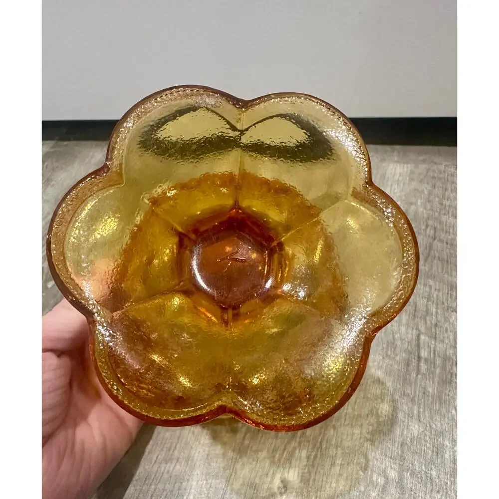 Vintage Kemple Amber Glass Pedestal Candy Dish w/ Glass Inclusion‎ on base